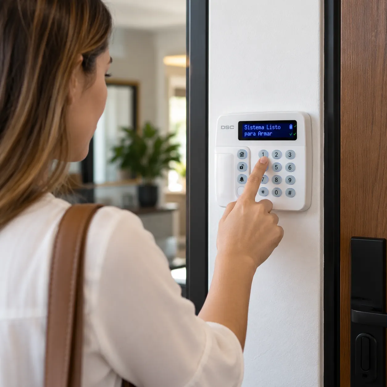Mujer activando la alarma monitoreada de su casa en el teclado