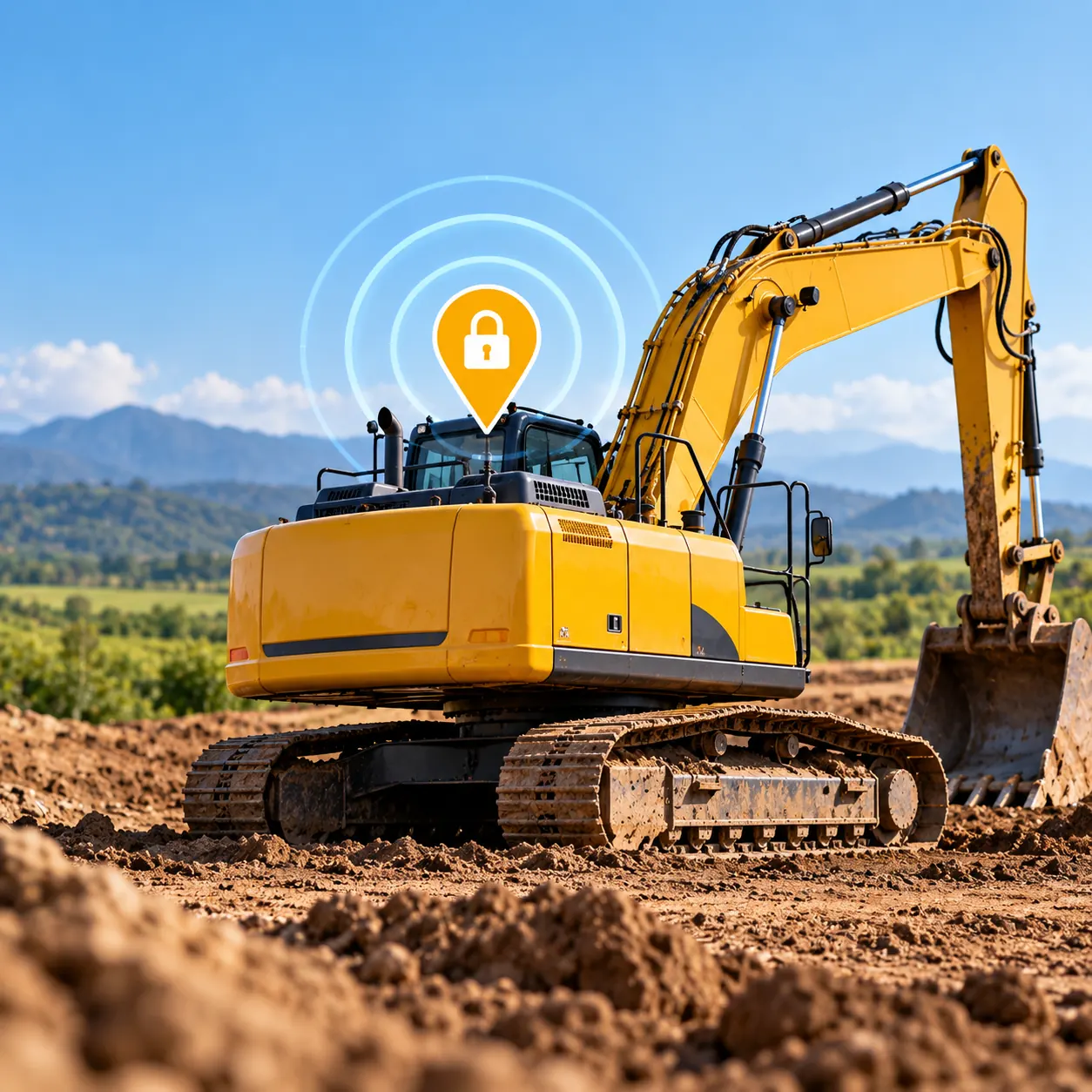 Excavadora amarilla con rastreo satelital GPS