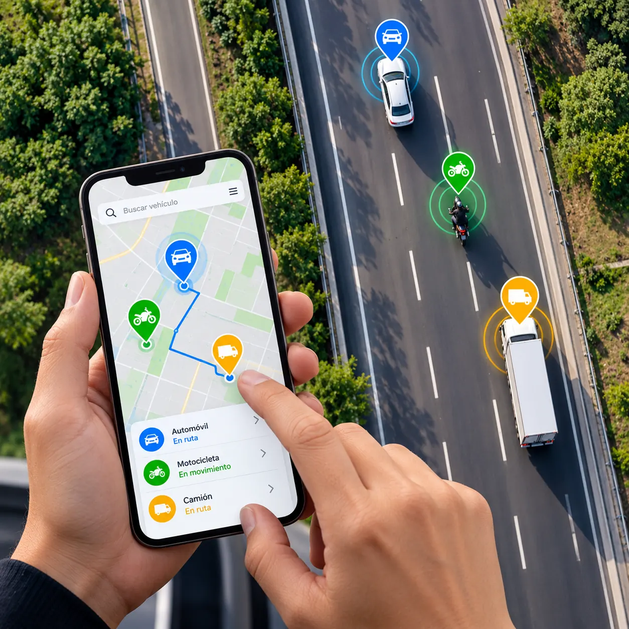 Persona siguiendo en el celular la ubicación GPS de un carro, una moto y un camión